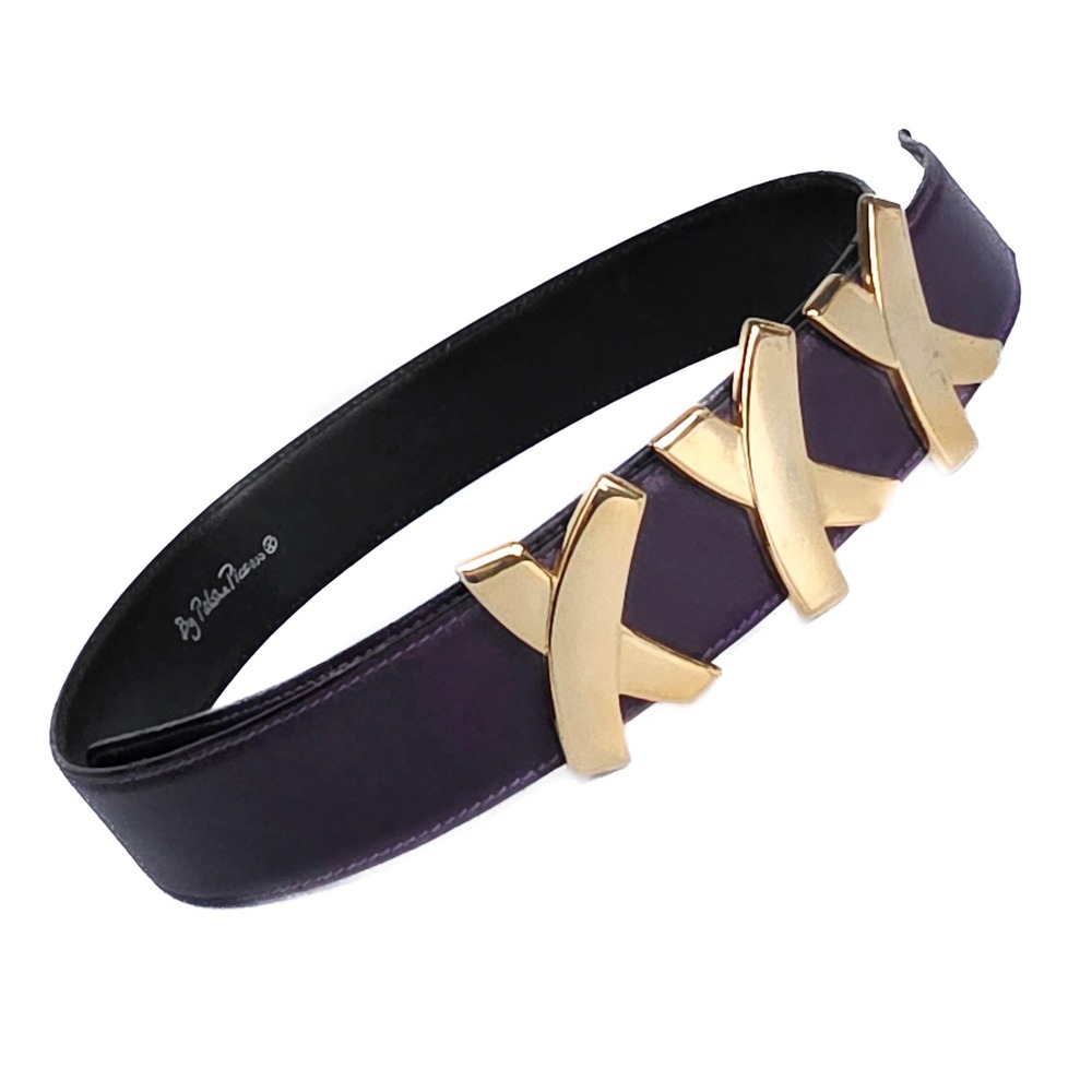 Vintage Paloma Picasso Purple Leather Belt Gold XXX‎ Kiss Buckle Small Italy